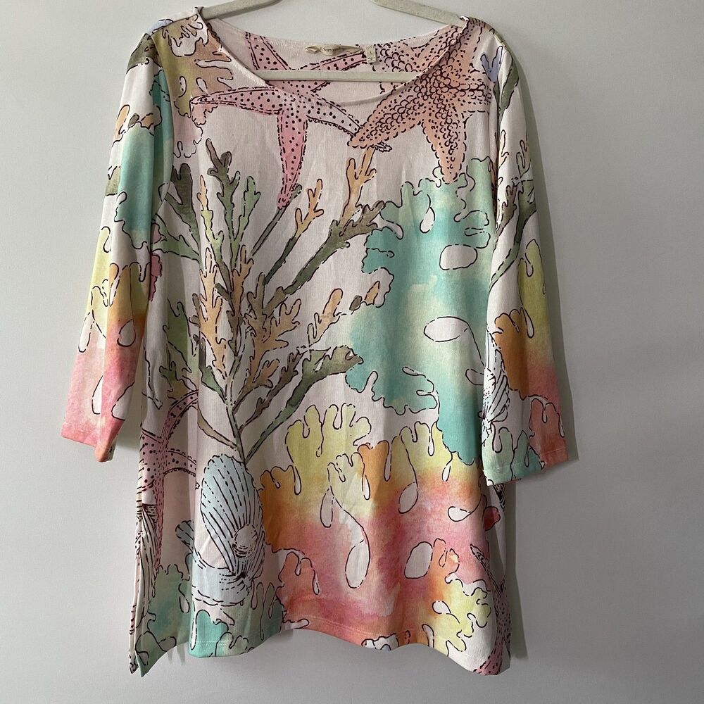 Soft Surroundings Tunic Top 3/4 Sleeve Ocean Theme Pink Multicolor Size L
